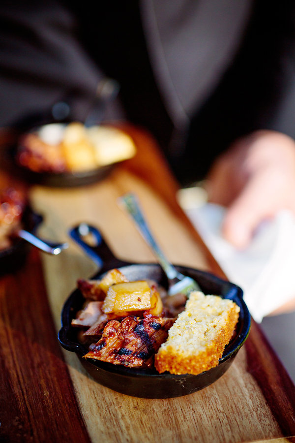 maple baked bean skillet with Bourbon BBQ glazed pork tenderloin