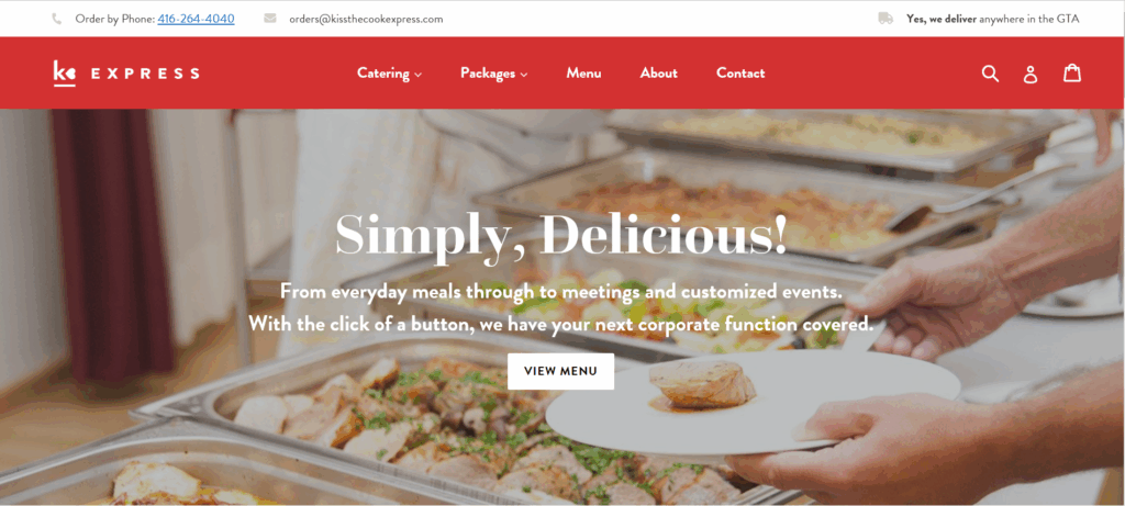 A catering website homepage displays trays of food and a hand serving a plate. Text reads: "Simply, Delicious! From everyday meals to customized events. With our e-commerce platform, your next corporate function is easily covered at the click of a button.
