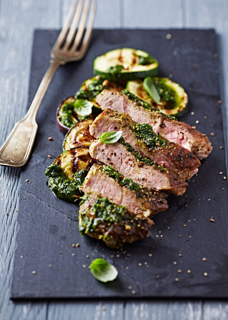 Pork Steak, Zucchini and Aubergine with Salsa Verde