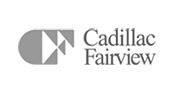 The image shows the Cadillac Fairview logo, featuring a stylized geometric "CF" design on the left and the words "Cadillac Fairview" in a serif font on the right, often seen at premier toronto catering venues.