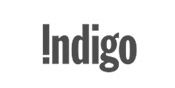 The image shows the word "Indigo" in bold black letters, with the letter "I" stylized as an exclamation mark. The clean white background gives it a modern look, fitting for a Toronto catering business’s logo.