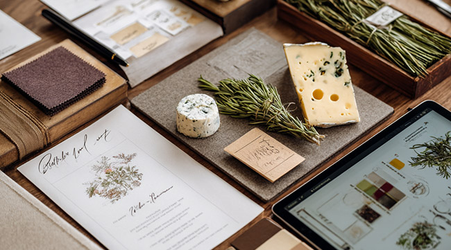 A tabletop displays cheese, sprigs of fresh herbs, fabric swatches, a pen, design sketches, and a tablet showing a color palette—blending stylish creativity with elements inspired by corporate catering in this unique workspace arrangement.